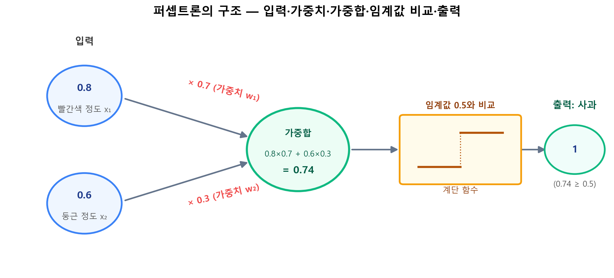 입력 x1(빨간색 정도 0.8)과 x2(둥근 정도 0.6)에 각각 가중치 0.7과 0.3을 곱해 더한 가중합 0.74가 계단 함수를 거쳐, 임계값 0.5보다 크므로 최종 출력 1(사과)이 되는 퍼셉트론 구조도